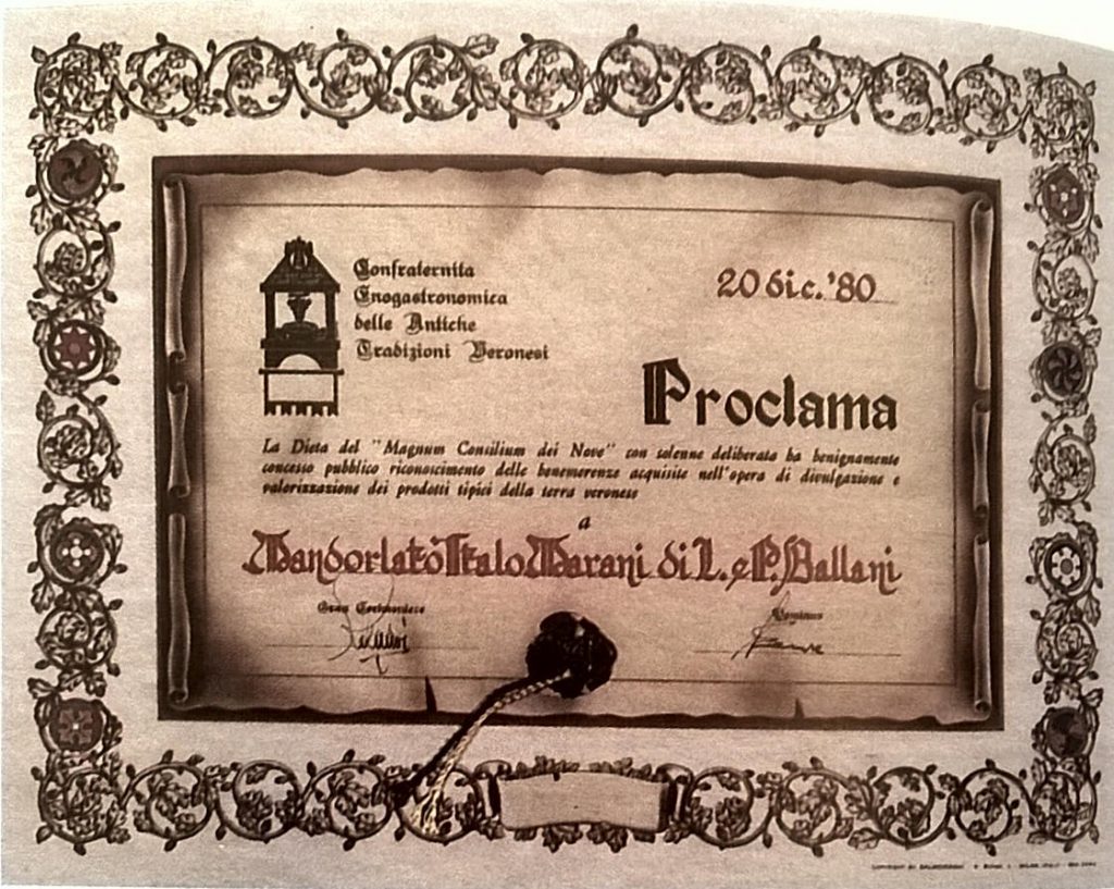 Confraternita Enogastronomica delle Antiche Tradizioni Veronesi di Verona. Diploma di Merito del 1980.
