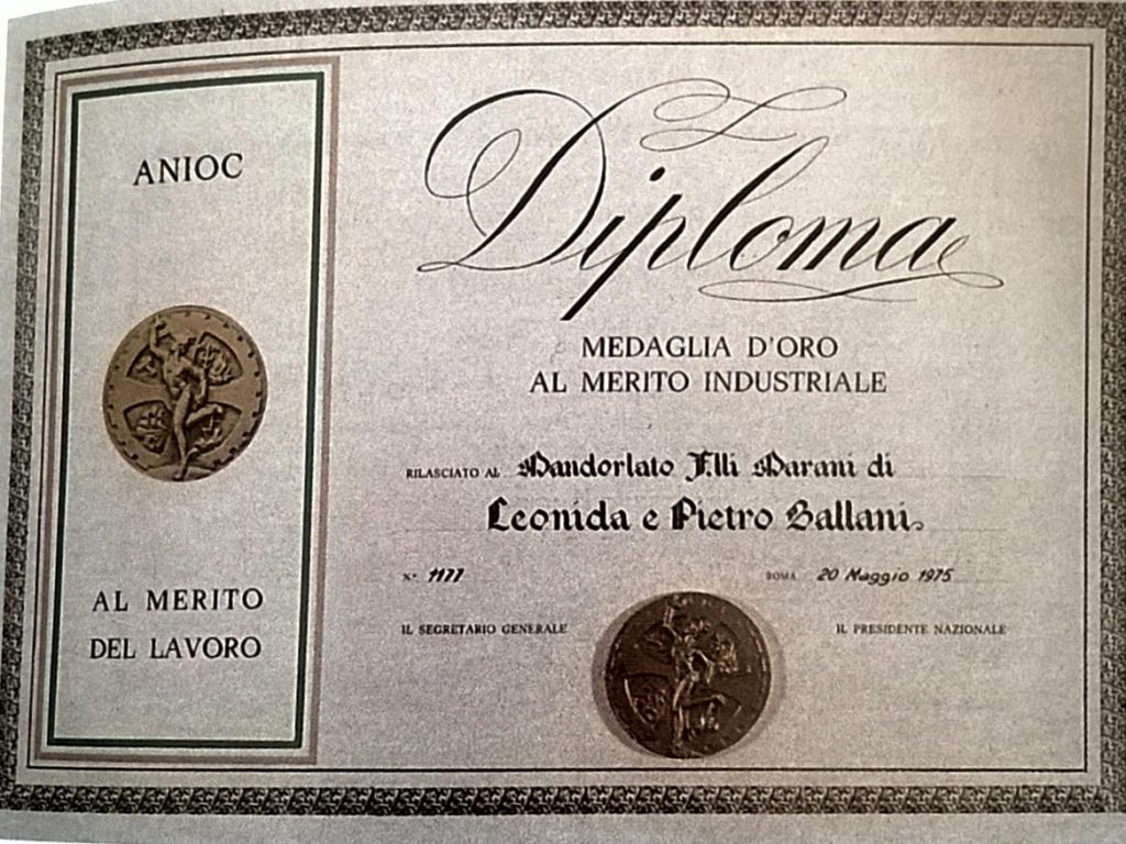 Associazione Nazionale Insigniti Onorificenze Cavalleresche di Firenze. Diploma con medaglia d'oro al Merito industriale del 1975.